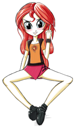 Size: 1992x3386 | Tagged: safe, artist:artemis-polara, character:sunset shimmer, species:human, my little pony:equestria girls, blushing, boots, clothing, female, fuck you, humanized, legs, middle finger, moe, schrödinger's pantsu, shoes, sitting, skirt, skirt lift, solo, spread legs, spreading, style emulation, upskirt denied, vest, vulgar