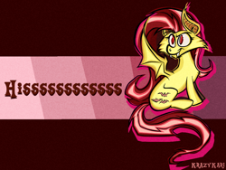 Size: 1280x960 | Tagged: safe, artist:krazykari, character:flutterbat, character:fluttershy, species:bat pony, species:pony, abstract background, bat wings, fangs, female, hissing, race swap, red eyes, sitting, smiling, solo