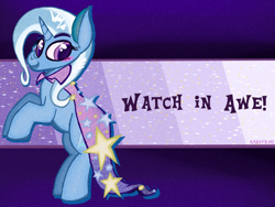 Size: 1280x960 | Tagged: safe, artist:krazykari, character:trixie, species:pony, species:unicorn, abstract background, cape, clothing, female, rearing, smiling, solo