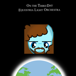 Size: 1400x1400 | Tagged: safe, artist:grapefruitface1, oc, oc:electric light, species:pegasus, species:pony, 70s, album cover, black background, curly hair, earth, electric light orchestra, equestria light orchestra, face, glow, jeff lynne, looking down, male, music, parody, planet, ponified, ponified album cover, progressive rock, simple background, solo, stallion