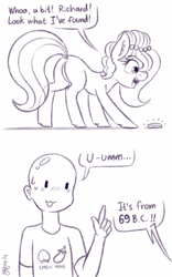 Size: 1280x2048 | Tagged: safe, artist:dsp2003, oc, oc:brownie bun, oc:richard, species:earth pony, species:human, species:pony, 69 (number), bit, blushing, brownie butt, butt, coin, comic, emoji, female, male, mare, money, monochrome, open mouth, plot, signature, simple background, sketch, white background
