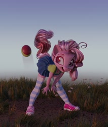 Size: 896x1054 | Tagged: safe, artist:holivi, artist:v747, character:pinkie pie, species:anthro, species:earth pony, species:pony, 3d, ball, bent over, clothing, collaboration, converse, denim skirt, female, mare, shoes, skirt, skirt lift, sneakers, socks, solo, striped socks, suspenders, thigh highs