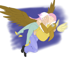 Size: 3834x3096 | Tagged: safe, artist:eve-ashgrove, character:fluttershy, character:gilda, species:human, ship:gildashy, carrying, clothing, female, flying, humanized, kissing, lesbian, shipping, shoe dangling, sweater dress, winged humanization, wings