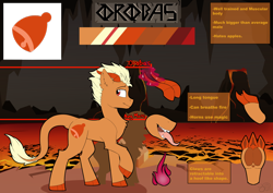 Size: 1280x908 | Tagged: safe, artist:beardie, oc, oc only, oc:orobas, species:dracony, species:pony, cave, claws, fire, horns, hybrid, lava, long tongue, looking back, magic, reference sheet, text, tongue out, underhoof, volcano