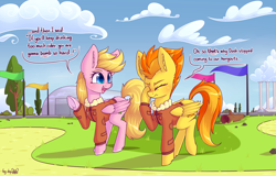 Size: 4492x2880 | Tagged: safe, artist:dsp2003, character:spitfire, oc, oc:lucky doo, species:pegasus, species:pony, blushing, bomber jacket, bush, clothing, cloud, comic, commission, duo, facehoof, female, femboy, girly, hangar, jacket, male, mare, pun, signature, single panel, spitcky, stallion, tree
