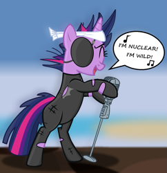 Size: 1161x1197 | Tagged: safe, artist:chanour-bases, artist:grapefruitface1, base used, character:twilight sparkle, episode:it's about time, g4, my little pony: friendship is magic, bipedal, dialogue, eyepatch, female, future twilight, metal gear solid 5, microphone, mike oldfield, music notes, nuclear, seaside, shading, singing, sky, solo, song reference, speech bubble