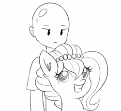 Size: 5760x5272 | Tagged: safe, artist:dsp2003, oc, oc:brownie bun, oc:richard, species:earth pony, species:human, species:pony, :|, absurd resolution, bald, female, grin, i can't believe it's not tjpones, male, mare, monochrome, simple background, sketch, smiling, style emulation, white background