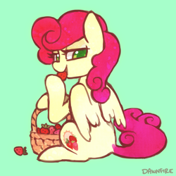 Size: 1800x1800 | Tagged: safe, artist:dawnfire, character:strawberry sunrise, species:pegasus, species:pony, g4, basket, colored pupils, cute, eating, female, food, fruit, green background, herbivore, looking at you, looking back, looking back at you, mare, signature, simple background, sitting, solo, strawberry