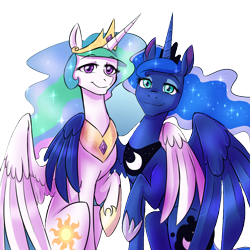 Size: 1280x1280 | Tagged: safe, artist:jitterbugjive, edit, editor:childofthenight, character:princess celestia, character:princess luna, species:alicorn, species:pony, background removed, female, hoof shoes, hug, lidded eyes, looking at you, mare, royal sisters, side hug, simple background, sisters, smiling, transparent background, winghug