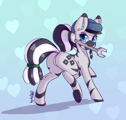 Size: 1735x1655 | Tagged: safe, artist:dsp2003, oc, oc:carjack, species:zebra, abstract background, blushing, cape, clothing, featureless crotch, female, frog (hoof), heart, looking at you, plot, underhoof, wrench, zebra oc
