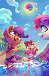 Size: 1181x1838 | Tagged: safe, artist:holivi, character:apple bloom, character:scootaloo, character:sweetie belle, species:anthro, species:pegasus, species:plantigrade anthro, species:pony, armpits, barefoot, beach, belly button, bikini, clothing, cutie mark crusaders, feet, female, fish, midriff, sports, sun, swimsuit, tankini, volleyball, water