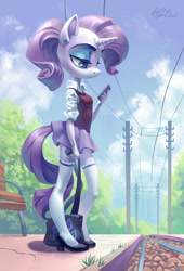 Size: 1771x2598 | Tagged: safe, artist:holivi, character:rarity, species:anthro, species:plantigrade anthro, beautiful, bench, bipedal, cellphone, clothing, cute, female, high heels, moe, phone, railroad, redraw, shoes, shoulder bag, skirt, skirt lift, socks, solo, thigh highs, waiting, younger, zettai ryouiki
