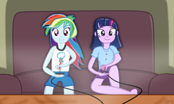 Size: 1170x695 | Tagged: safe, artist:grapefruitface1, character:rainbow dash, character:twilight sparkle, my little pony:equestria girls, barefoot, controller, couch, duo, feet, joystick, shading, video game, wires