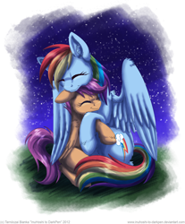 Size: 800x964 | Tagged: safe, artist:inuhoshi-to-darkpen, character:rainbow dash, character:scootaloo, species:pegasus, species:pony, backwards cutie mark, cuddling, duo, eyes closed, female, filly, hug, night, scootalove, sitting, smiling, snuggling, unshorn fetlocks
