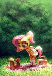 Size: 1535x2244 | Tagged: safe, artist:holivi, character:fluttershy, species:anthro, species:pegasus, species:plantigrade anthro, species:pony, basket, blanket, clothing, cute, dawwww, female, filly, filly fluttershy, grass, hands on knees, holivi is trying to murder us, looking at each other, miniskirt, outdoors, picnic blanket, ponytail, shoes, shyabetes, skirt, socks, solo, squirrel, tree, younger