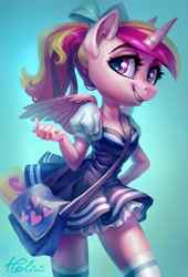 Size: 1771x2598 | Tagged: safe, artist:holivi, character:princess cadance, species:alicorn, species:anthro, g4, bag, beautiful, beautiful eyes, beautiful hair, beckoning, bow, breasts, busty princess cadance, cleavage, clothing, cute, cutedance, female, hair bow, looking at you, mare, ponytail, simple background, skirt, smiling, socks, solo, teen princess cadance, thigh highs, younger, zettai ryouiki
