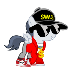 Size: 1536x1536 | Tagged: safe, artist:frownfactory, artist:motownwarrior01, edit, character:rumble, species:pegasus, species:pony, air jordans, baseball cap, bling, cap, clothing, colt, gold chains, hat, jacket, male, nike, rapper, shoes, simple background, sneakers, sunglasses, swag, transparent background, vector