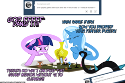 Size: 500x333 | Tagged: safe, artist:navitaserussirus, character:trixie, character:twilight sparkle, species:pony, asktwixiegenies, ship:twixie, black vine, board game, clothing, dice, female, lesbian, maid, mirror, shipping, tumblr