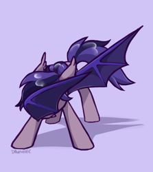 Size: 1024x1149 | Tagged: safe, artist:dawnfire, oc, oc only, oc:inky, species:bat pony, species:pony, bat pony oc, blue background, dab, ear tufts, fangs, female, floppy ears, gradient background, mare, simple background, solo, wing dab