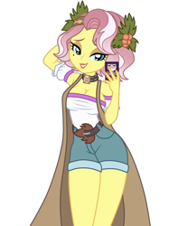 Size: 1500x1800 | Tagged: safe, artist:mashoart, character:vignette valencia, equestria girls:rollercoaster of friendship, g4, my little pony: equestria girls, my little pony:equestria girls, armpits, breasts, busty vignette valencia, cellphone, cleavage, clothing, female, phone, selfie, shorts, simple background, smiling, solo, thighs, transparent background, vignette valencia