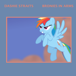 Size: 1400x1400 | Tagged: safe, artist:grapefruitface1, artist:synthrid, derpibooru original, character:rainbow dash, species:pony, 80s, album cover, dire straits, female, flying, parody, ponified, sky, solo, vector used