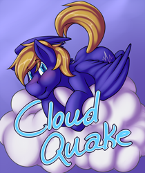 Size: 1678x2000 | Tagged: safe, artist:dripponi, artist:lattynskit, oc, oc only, oc:cloud quake, species:pegasus, species:pony, badge, looking at you, male, smiling, solo, stallion, text