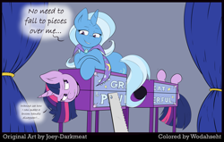 Size: 4500x2869 | Tagged: safe, artist:joey darkmeat, artist:wodahseht, character:trixie, character:twilight sparkle, species:pony, species:unicorn, ship:twixie, annoyed, bedroom eyes, box sawing trick, cape, clothing, colored, crosscut saw, cut-up by joey darkmeat, dialogue, eye contact, female, frown, glare, grin, half, hoofy-kicks, legs in air, lesbian, looking at each other, magic trick, mare, modular, prone, pun, saw, shipping, sketch, smiling, teasing, trixie's cape, unamused