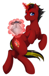 Size: 1571x2400 | Tagged: safe, artist:evomanaphy, oc, oc only, oc:blazing light, species:pony, species:unicorn, chest fluff, commission, fighting stance, jumping, looking at you, magic, male, simple background, solo, stallion, sword, transparent background, weapon