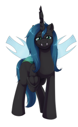 Size: 1456x2379 | Tagged: safe, artist:evomanaphy, oc, oc only, oc:cyclorra, species:changeling, changeling oc, changeling princess, fangs, looking at you, simple background, smiling, solo, transparent background, underhoof