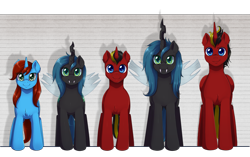 Size: 3071x1933 | Tagged: safe, artist:evomanaphy, oc, oc only, oc:blazing light, oc:cyclorra, species:alicorn, species:changeling, species:pony, species:unicorn, alicorn oc, changeling oc, disguise, disguised changeling, fangs, female, looking at you, male, mare, size chart, size comparison, smiling, stallion, standing