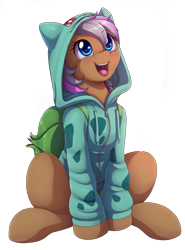Size: 2150x2900 | Tagged: safe, artist:evomanaphy, oc, oc only, species:pony, bulbasaur, clothing, commission, crossover, cute, hoodie, ocbetes, open mouth, pokémon, simple background, solo, transparent background