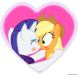Size: 1183x1140 | Tagged: safe, artist:navitaserussirus, character:applejack, character:rarity, species:earth pony, species:pony, species:unicorn, ship:rarijack, blushing, female, kissing, lesbian, mare, shipping