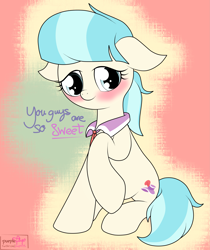 Size: 2975x3550 | Tagged: safe, artist:kimjoman, character:coco pommel, species:earth pony, species:pony, blushing, clothing, cocobetes, cute, female, floppy ears, hnnng, looking at you, necktie, one hoof raised, sitting, smiling, solo, text