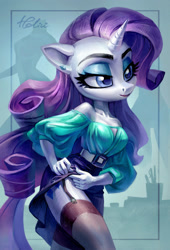 Size: 1771x2598 | Tagged: safe, artist:holivi, character:rarity, species:anthro, species:pony, species:unicorn, belt, clothing, ear piercing, earring, female, garters, jewelry, mare, piercing, shoulderless, skirt, skirt lift, solo, stockings, thigh highs, thighs
