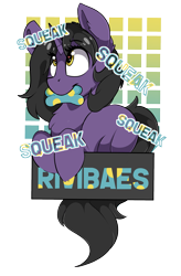 Size: 1725x2625 | Tagged: safe, artist:beardie, oc, oc only, oc:rivibaes, badge, con badge, onomatopoeia, simple background, solo, squeak, squeaky toy, transparent background