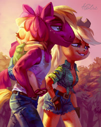 Size: 2204x2755 | Tagged: safe, artist:holivi, character:apple bloom, character:applejack, character:big mcintosh, species:anthro, species:earth pony, species:plantigrade anthro, species:pony, big head, bow, breasts, carrying, cleavage, clothing, cowboy hat, daisy dukes, eyes closed, feet, female, filly, freckles, gloves, hat, jeans, male, mare, pants, sandals, scenery, shorts, siblings, sleeping, stallion, stetson, sunset, tank top, walking
