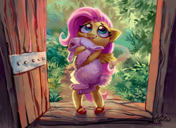 Size: 3031x2204 | Tagged: safe, artist:holivi, character:fluttershy, species:anthro, species:pegasus, species:plantigrade anthro, species:rabbit, g4, carrying, clothing, cute, dawwww, female, filly, hnnng, holivi is trying to murder us, hug, precious, shyabetes, smiling, solo, sweet dreams fuel, weapons-grade cute