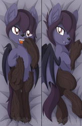 Size: 1355x2084 | Tagged: safe, artist:pearlyiridescence, oc, oc only, oc:nyn indigo, species:bat pony, species:pony, body pillow, body pillow design, claws, ear fluff, fangs, hybrid, on back, on side, open mouth, original species, paws, species swap, timber pony, timber wolf