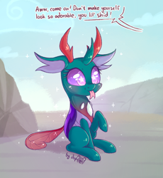 Size: 1472x1600 | Tagged: safe, artist:dsp2003, character:pharynx, character:prince pharynx, species:changeling, species:reformed changeling, 30 minute art challenge, blep, blushing, chibi, cloud, comic, cute, cuteling, dialogue, dsp2003 is trying to murder us, eyelashes, floppy ears, forked tongue, hnnng, male, pharybetes, raised hoof, shiny, silly, single panel, sitting, smiling, solo, sparkles, speech bubble, starry eyes, text, tongue out, u lil shid, wat, wingding eyes