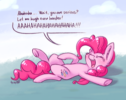 Size: 1920x1536 | Tagged: safe, artist:dsp2003, character:pinkie pie, species:earth pony, species:pony, 30 minute art challenge, bender bending rodriguez, blushing, cloud, comic, crying, ear fluff, eyes closed, female, futurama, laughing, mare, oh wait you're serious, on back, scene interpretation, single panel, solo, tears of laughter, underhoof