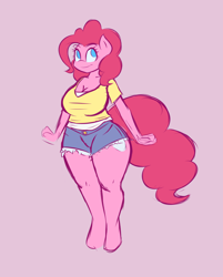 Size: 1856x2312 | Tagged: safe, artist:funble, character:pinkie pie, species:anthro, species:unguligrade anthro, breasts, busty pinkie pie, clothing, daisy dukes, female, shorts, solo, thick