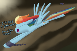 Size: 3000x2000 | Tagged: safe, artist:moonatik, character:rainbow dash, newbie artist training grounds, my little pony: the movie (2017), atg 2018, bad end, chains, escape, female, flying, good end, iron maiden, sky, solo, song reference, the prisoner