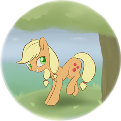 Size: 1366x1366 | Tagged: safe, artist:dusthiel, character:applejack, species:earth pony, species:pony, applebucking, cute, female, filly, hatless, jackabetes, missing accessory, simple background, smiling, solo, transparent background, tree