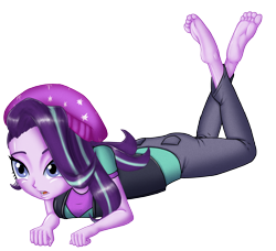 Size: 2454x2240 | Tagged: safe, artist:artemis-polara, character:starlight glimmer, equestria girls:mirror magic, g4, my little pony: equestria girls, my little pony:equestria girls, spoiler:eqg specials, barefoot, beanie, breasts, clothing, commission, feet, female, hat, lying down, shirt, simple background, solo, transparent background, vest