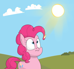 Size: 3000x2789 | Tagged: safe, artist:moonatik, character:pinkie pie, species:earth pony, species:pony, newbie artist training grounds, abuse, atg 2018, bush, female, fire, heat, mane on fire, mare, pinkiebuse, scrunchy face, solo, summer, sun