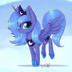Size: 1920x1920 | Tagged: safe, artist:dsp2003, character:princess luna, species:alicorn, species:pony, 30 minute art challenge, blushing, cloud, cute, female, filly, hoof shoes, looking at you, lunabetes, s1 luna, signature, smiling, solo, woona, young, younger