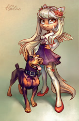 Size: 1771x2716 | Tagged: safe, artist:holivi, oc, oc only, species:anthro, species:dog, species:plantigrade anthro, species:pony, anthro oc, clothing, commission, doberman, female, flower, flower in hair, freckles, hand on hip, high heels, legs, mare, open mouth, pet, shoes, signature, skirt, socks, solo, stockings, thigh highs, tongue out, zettai ryouiki