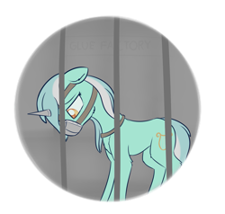 Size: 1585x1509 | Tagged: safe, artist:dusthiel, character:lyra heartstrings, species:pony, species:unicorn, newbie artist training grounds, atg 2018, bars, captured, collar, female, floppy ears, glue factory, horn cap, looking down, magic suppression, mare, muzzle, sad, simple background, solo, transparent background