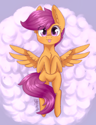 Size: 1536x2000 | Tagged: safe, artist:dsp2003, character:scootaloo, species:pegasus, species:pony, 30 minute art challenge, blep, blushing, chest fluff, cloud, cute, cutealoo, diabetes, ear fluff, female, filly, imminent belly rub, looking at you, lying down, on a cloud, on back, signature, silly, solo, tongue out