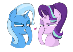 Size: 2721x1933 | Tagged: safe, artist:moonatik, character:starlight glimmer, character:trixie, species:pony, species:unicorn, newbie artist training grounds, ship:startrix, atg 2018, boop, exploitable meme, female, glimmerposting, grin, heart, lesbian, mare, meme, self-boop, shipping, simple background, smiling, smug, smug smile, transparent background